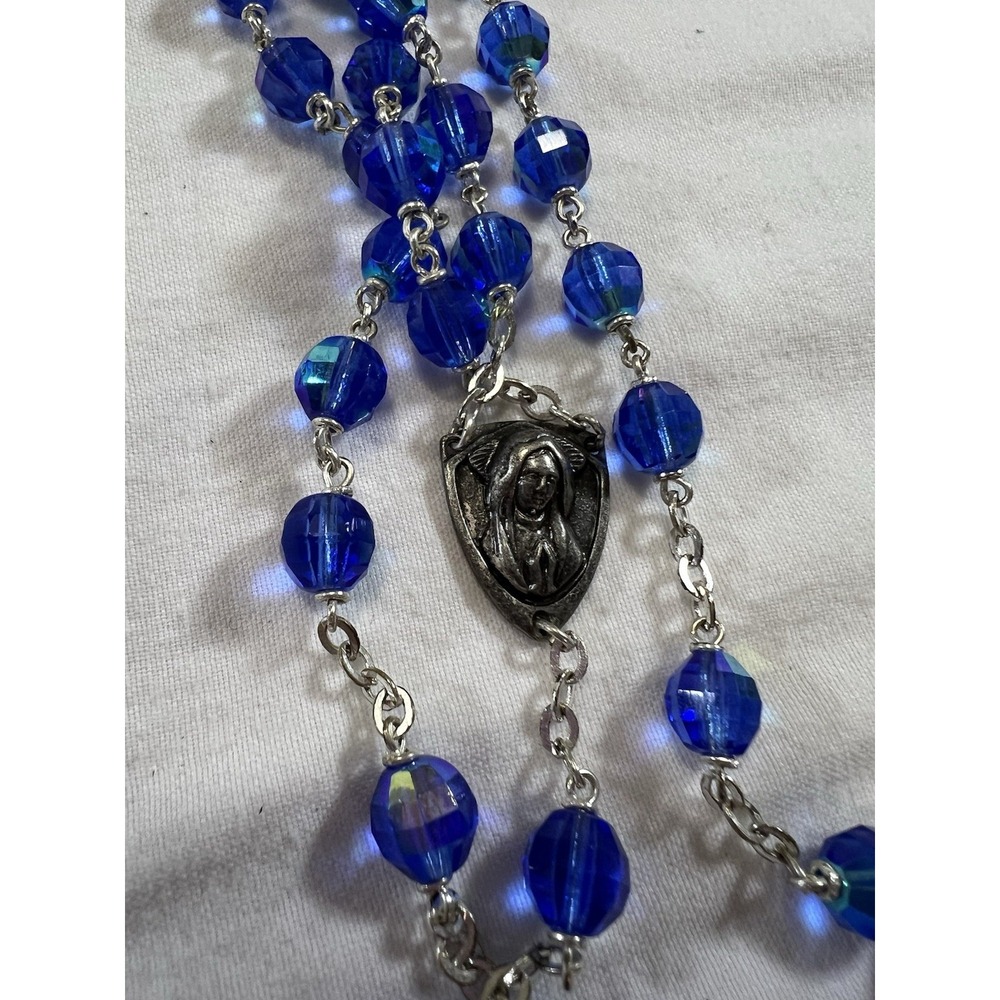 Set of 2 Catholic Rosaries Blue & Clear Glass Beads Silver Crucifix INRI Vintage - Picture 7 of 12